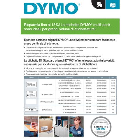 Rotoli da 220 etichette Dymo LabelWriter Spediz./Badge 101x54 mm bianco value pack da 12 rotoli - S0722420